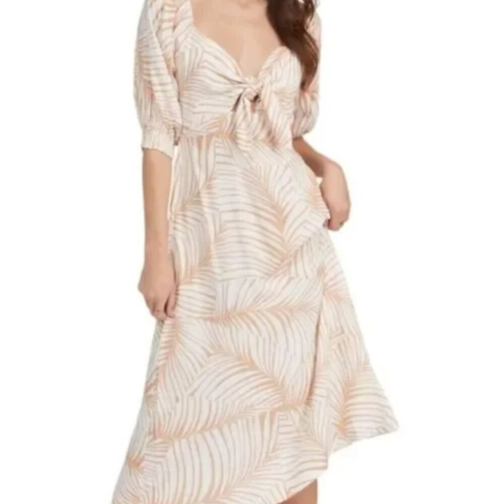Roxy Evening Delight midi dress front bow tie palm frond pattern L